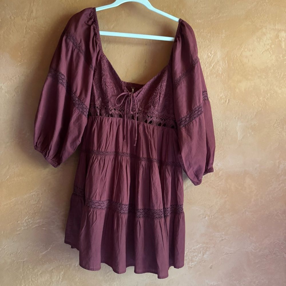 Free People Lace Babydoll Mini Dress Size S Boho Cotton Tie Front